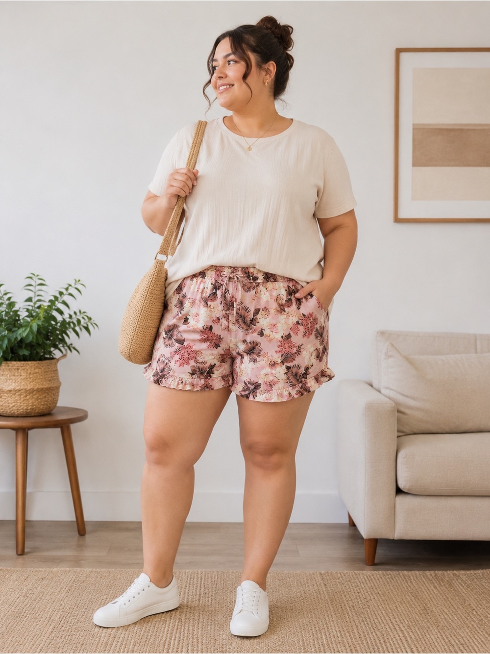 Time and Tru Pink Floral Ruffle Hem Shorts